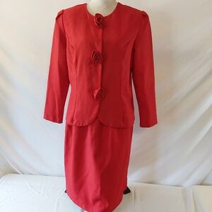 Vintage TF Red Rose Button Polyester Skirt Suit Size 18